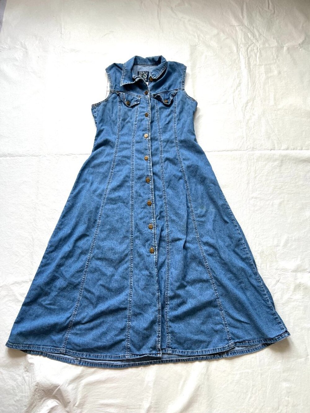 y2k denim dress Large Peace by Piece sleeveless button front collared jean 2000s